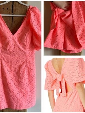 Lilly Pulitzer Eyelet Puff-Sleeve Mini Romper Dress in Neon Coral Size 12